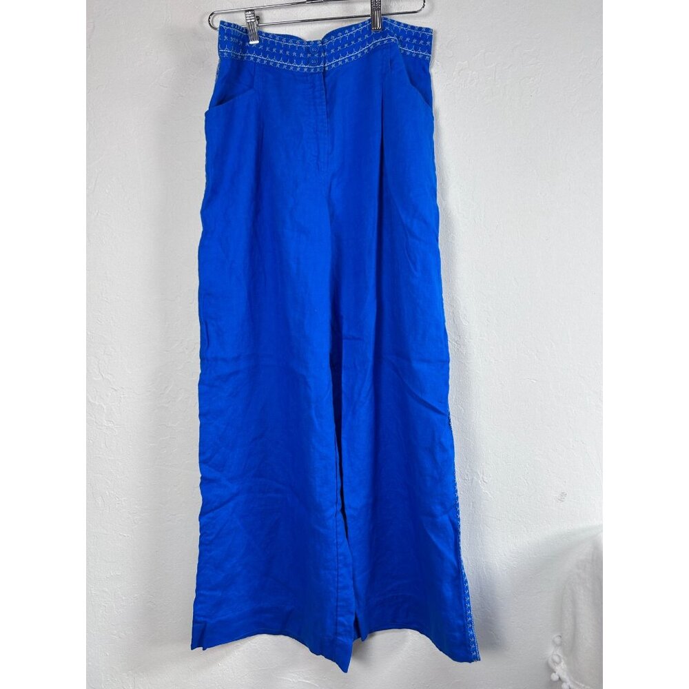JW Johnny Was Los Angeles Blue Wide-Leg Linen Pants Embroidered Waist Medium